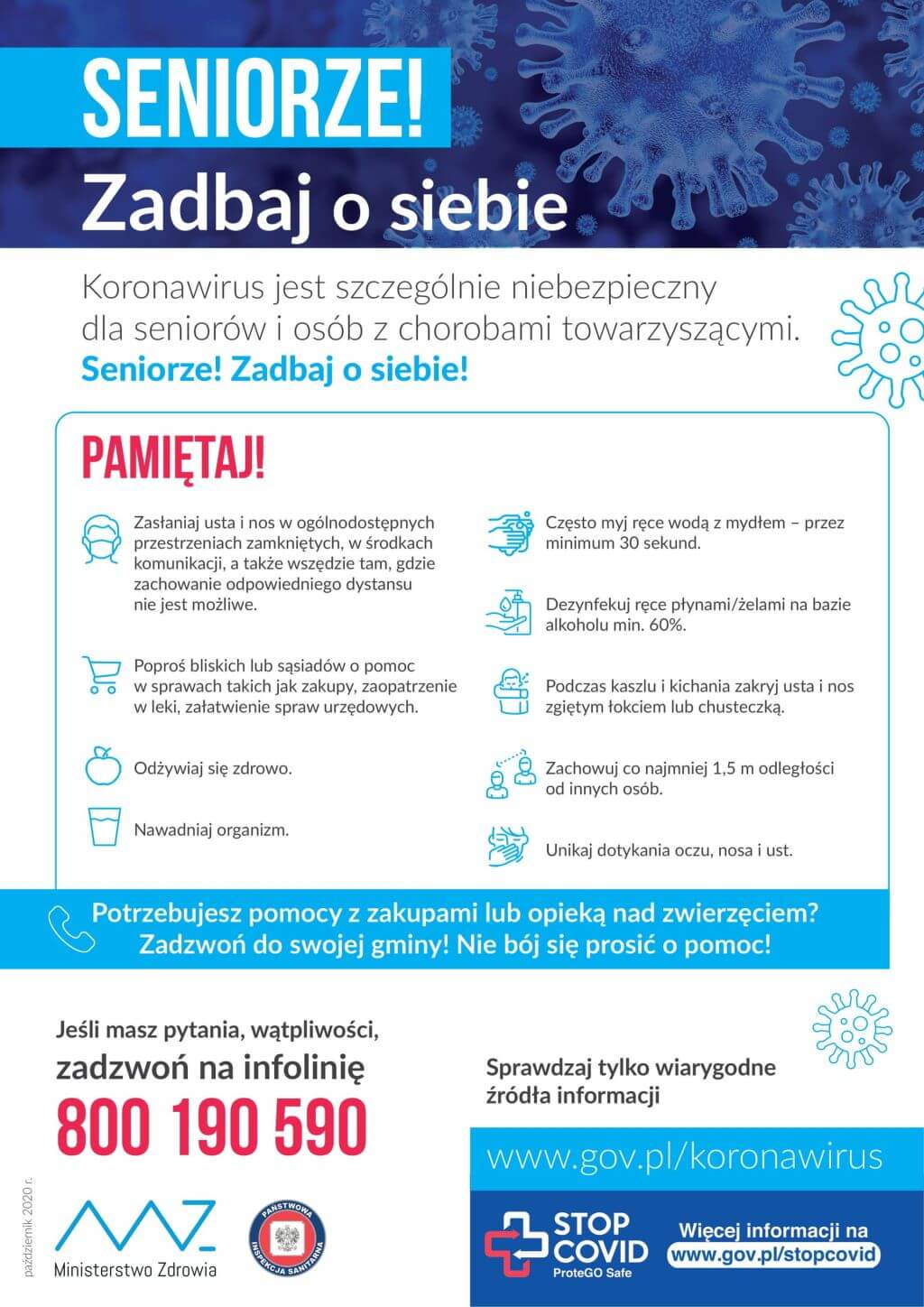 Seniorze, zadbaj o siebie. Koronowirus jest szczególnie niebezpieczny dla seniorów i osób z chorobami towarzyszącymi.